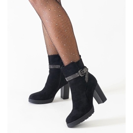 Botine negre cu toc inalt decorate cu strasuri din piele intoarsa ecologica Shaliba negru 1