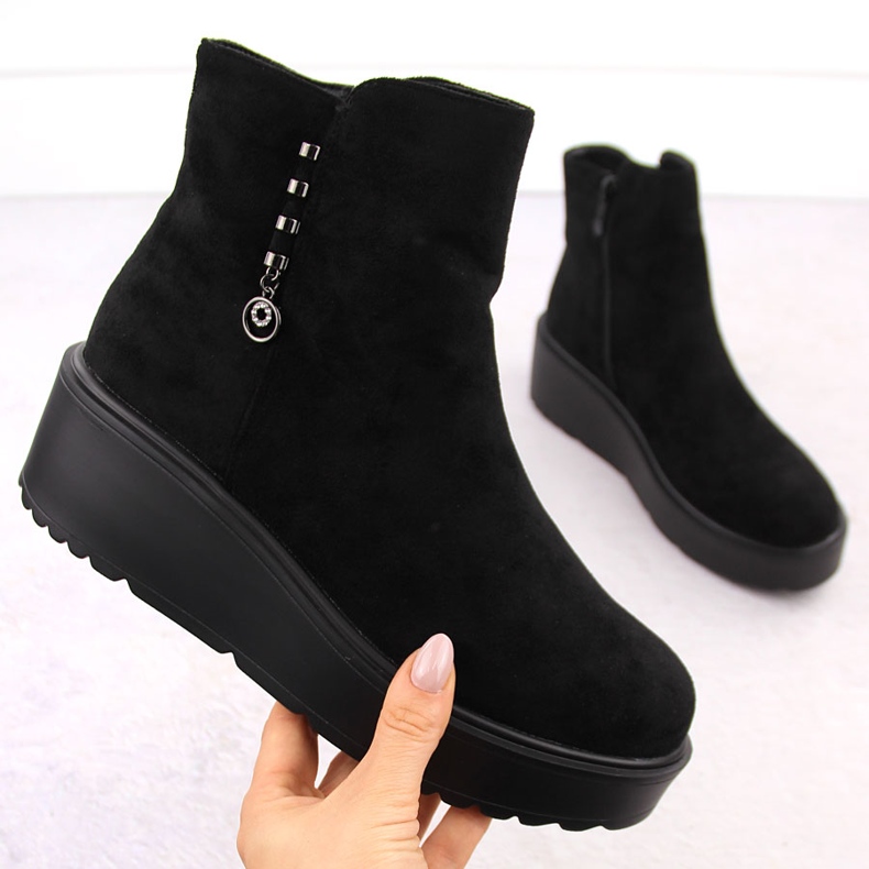 Botine de damă din piele intoartă pe platformă groasă, Potocki negru 11305 1