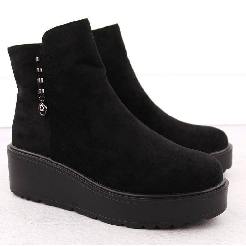 Botine de damă din piele intoartă pe platformă groasă, Potocki negru 11305 2