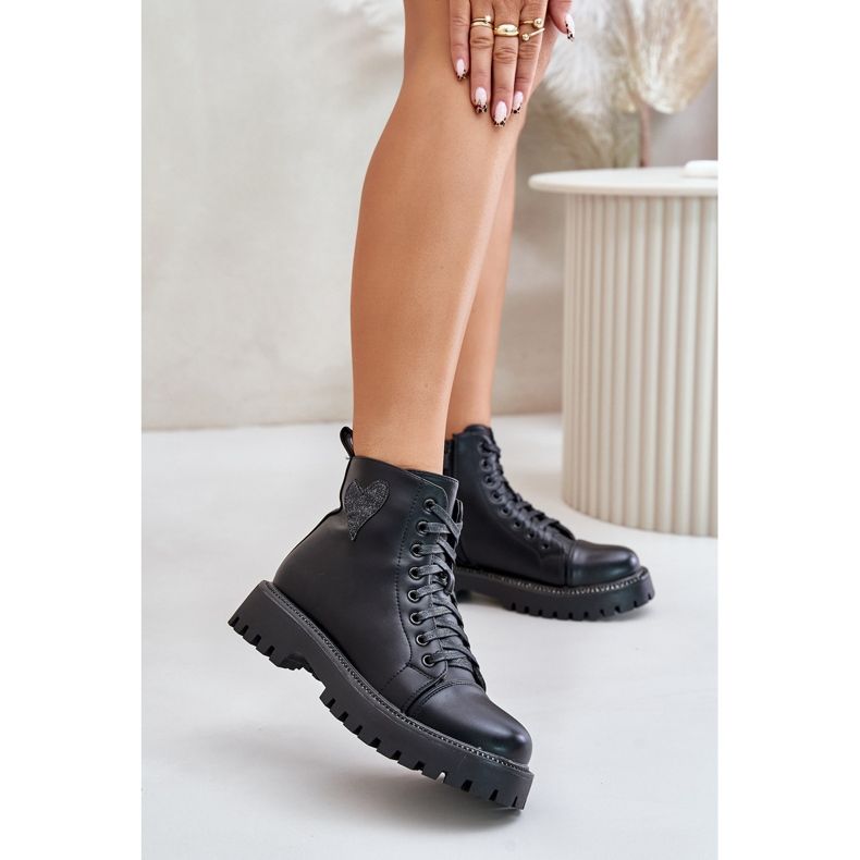 Botine de dama cu fermoar si inima decorativa, Obeena neagra negru 2