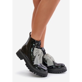 Botine de dama din piele lacuita cu fundita, Black Ocenttia negru 1