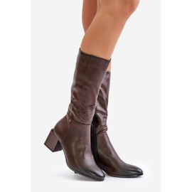 Jezzi Cizme izolate cu toc înalt din piele ecologică la jumătatea gambei maro Ellithira 1