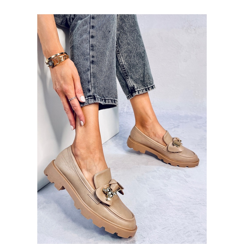 Mocasini cu un ursuleț de pluș kaki auriu maro 1