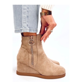 Botine kaki cu pană cu fermoar auriu bej 1