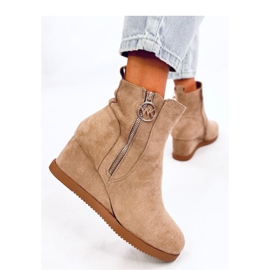 Botine kaki cu pană cu fermoar auriu bej 2