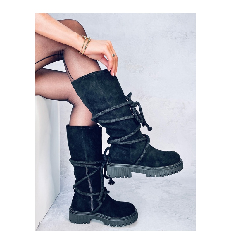 Cizme din piele intoarsa cu cordon Spicer Black - Inello negru 2