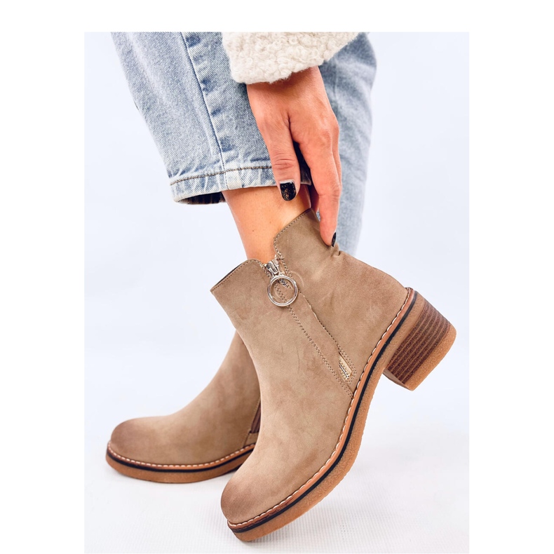 Botine cu toc jos din nubuck Levere Khaki - Inello bej 2