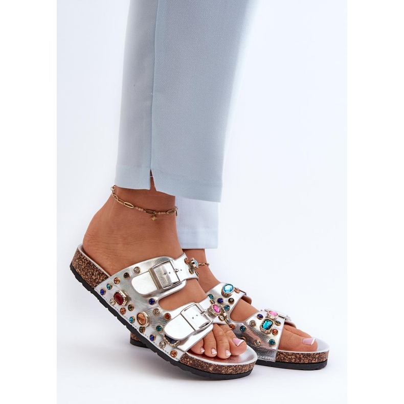 S.Barski Flip-flops de damă decorati cu catarame argintii 1