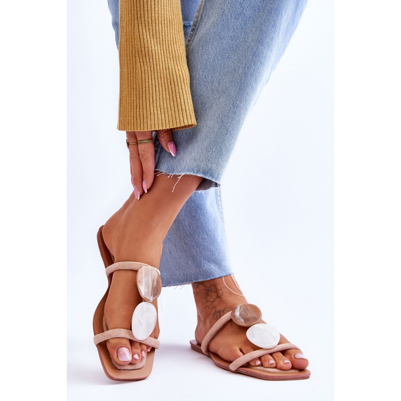 Papuci din piele intoarsa cu decoratiuni Bej 1