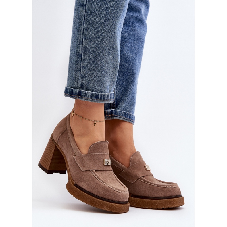 Mocasini Zazoo Dark Beige din piele intoarsa pe toc inalt bej 1