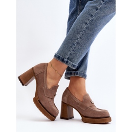 Mocasini Zazoo Dark Beige din piele intoarsa pe toc inalt bej 2