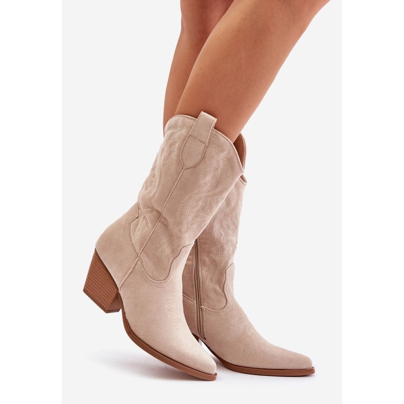 Cizme de cowboy de damă cu toc înalt din piele ecologică Wendlis bej deschis 1 Cizme de cowboy de damă cu toc înalt din piele ecologică Wendlis bej deschis 1