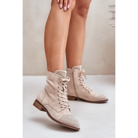 Cizme decorate cu toc plat, piele intoarsa ecologica, calda, bej deschis Ellieo 2