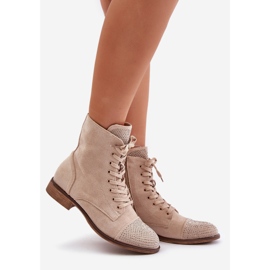 Cizme decorate cu toc plat, piele intoarsa ecologica, calda, bej deschis Ellieo 1