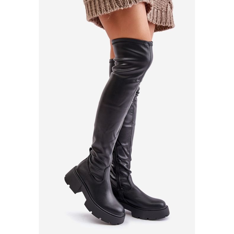 Cizme peste genunchi cu platforma si toc plat din piele ecologica, Loreviana neagra negru 1 Cizme peste genunchi cu platforma si toc plat din piele ecologica, Loreviana neagra negru 1