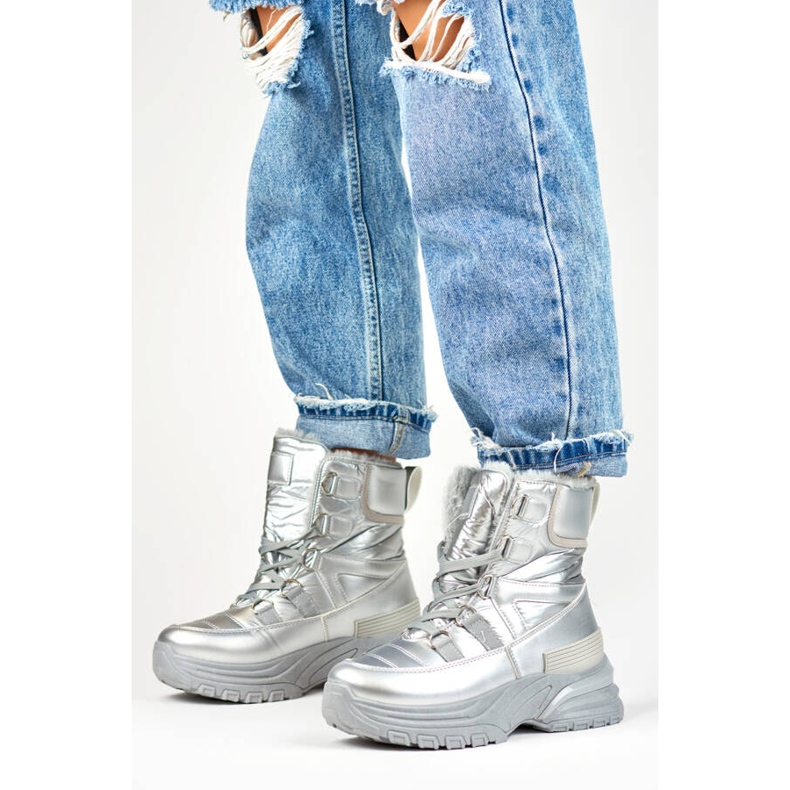 Cizme de zapada dama, cizme argintii lucioase 22-PY16061SI 2