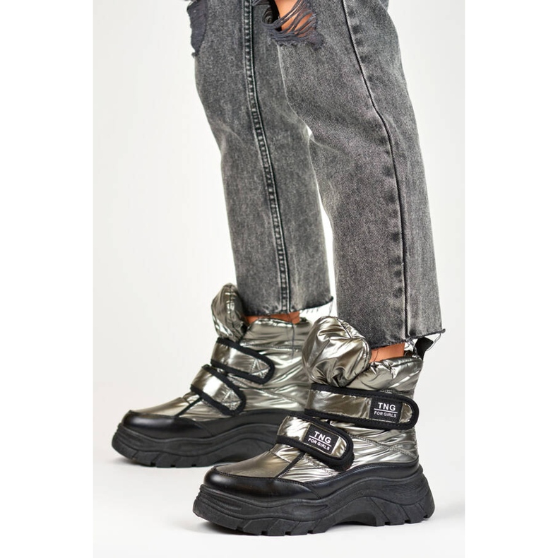 Cizme de zăpadă de damă, metalice, argintii cu velcro 22-PY16062SI negru 2