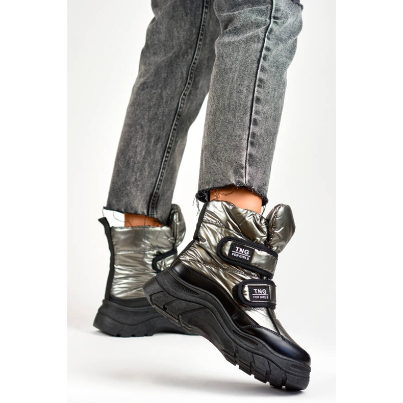 Cizme de zăpadă de damă, metalice, argintii cu velcro 22-PY16062SI negru 1