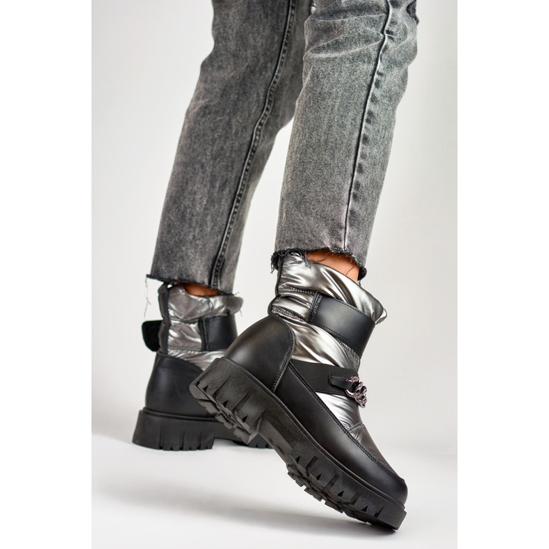 Cizme de zapada dama cu lant si velcro, argintiu metalic JH-5SI 1