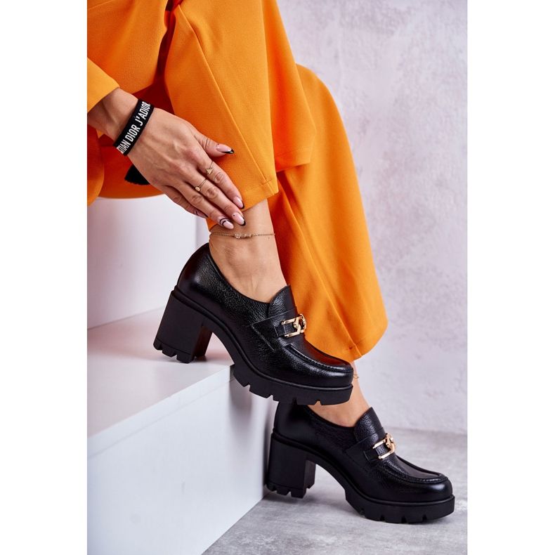 Pantofi Cu Toc Înalt Lemar Piele Neagră Cu Decor Auriu negru 4