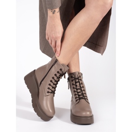 Goodin Botine de damă bej închis cu șireturi, cu fermoare decorative 2