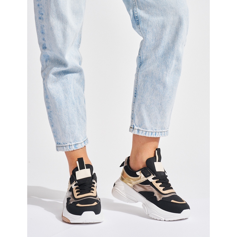 Tenisi negri și aurii cu talpă groasă negru 1