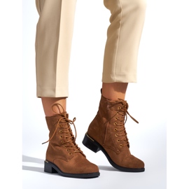 Botine de damă maro cu șireturi, cu toc jos 1