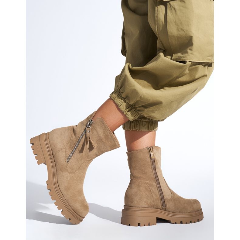 Botine de dama bej inchis cu fermoar decorativ 2