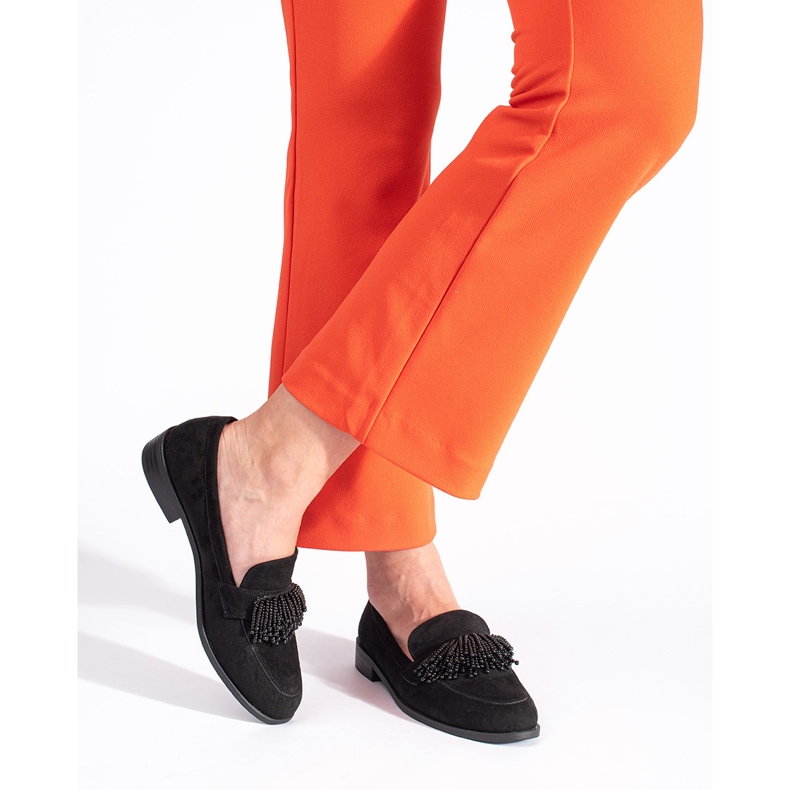 Mocasini de dama din piele intoarsa cu margele negru 2