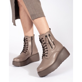 Goodin Botine de damă bej închis cu șireturi, cu fermoare decorative 1