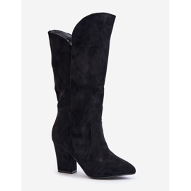 Cizme peste genunchi cu toc inalt din piele intoarsa ecologica, Black Clorira negru 2
