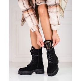 Cizme muncitoare de dama de piele intoarsa cu decor, negre negru 1