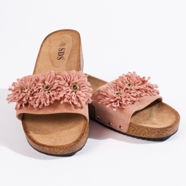 Papuci dama din piele intoarsa cu flori roz 2