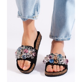 Papuci de damă din piele intoarsa neagra negru 1