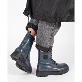 Botine de damă bleumarin din piele cu șireturi pe platforma Sergio Leone albastru 2
