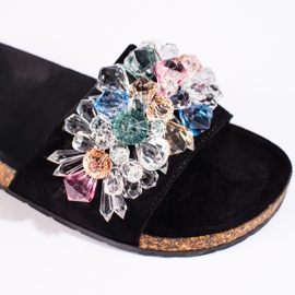 Papuci de damă din piele intoarsa neagra negru 2