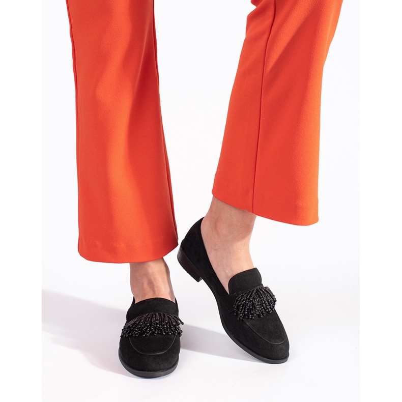 Mocasini de dama din piele intoarsa cu margele negru 1