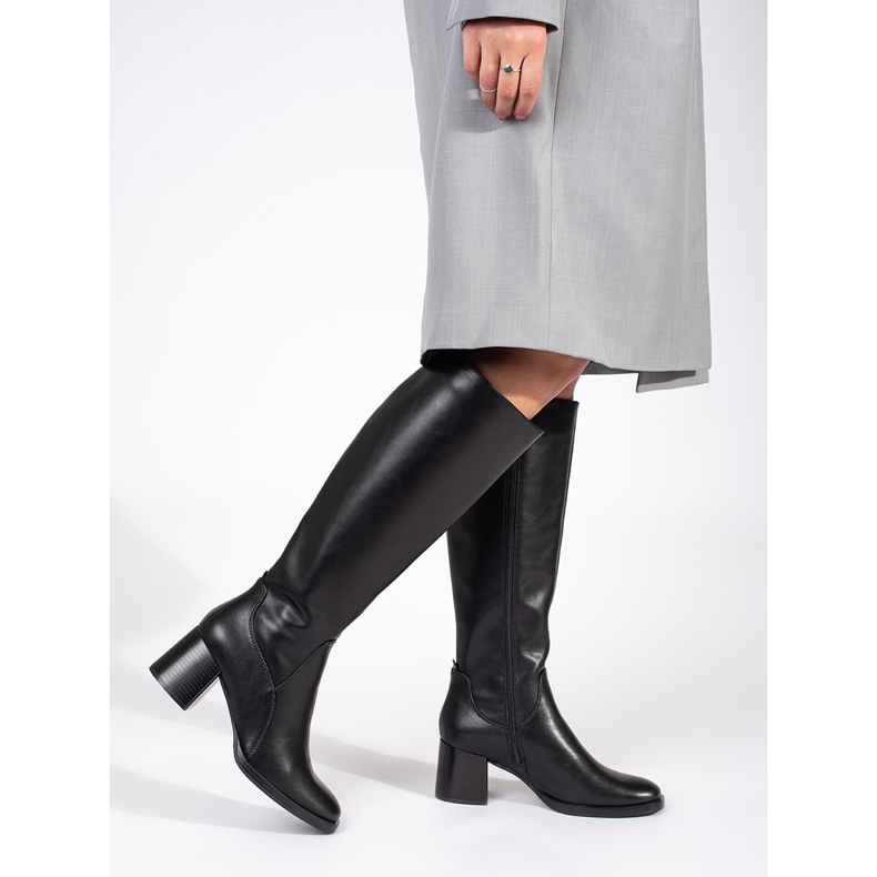 Cizme cu toc înalt de damă din piele clasică neagră de Sergio Leone negru 1