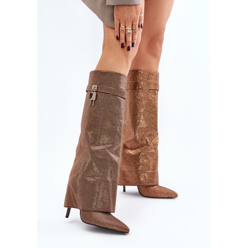 Cizme decorate cu toc înalt, cu tijă întoarsă, maro Enathlin 2