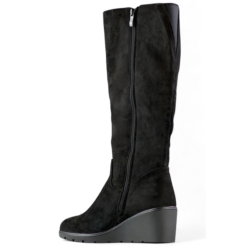 Cizme cu pană de damă peste genunchi din piele intoarsa neagra negru 1