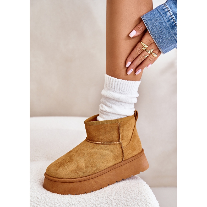 News Cizme de zăpadă pentru femei joase pe platformă izolate cu blană de cămilă maro 3