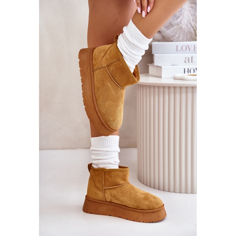 News Cizme de zăpadă pentru femei joase pe platformă izolate cu blană de cămilă maro 4