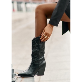Cizme de cowboy izolate cu decor cu toc inalt, Arlitta neagra negru 2