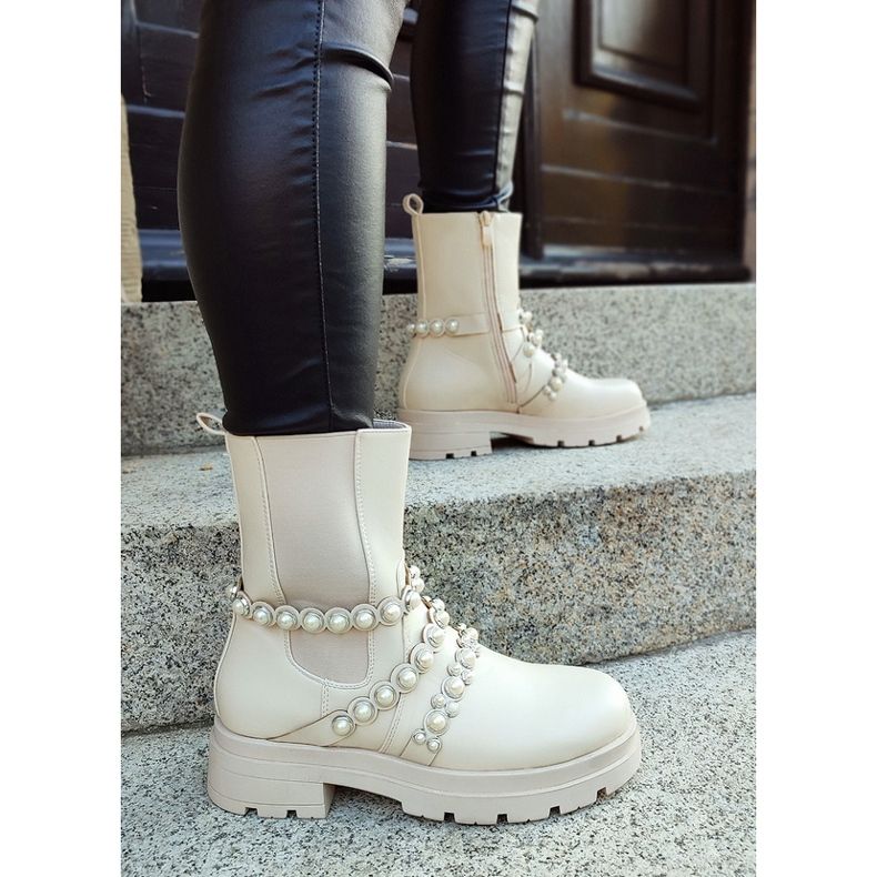Cizme Chelsea dama cu perle, bej 58090-1BE 1