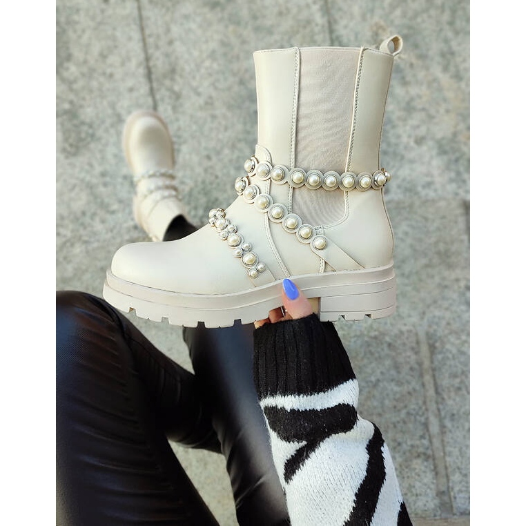 Cizme Chelsea dama cu perle, bej 58090-1BE 2