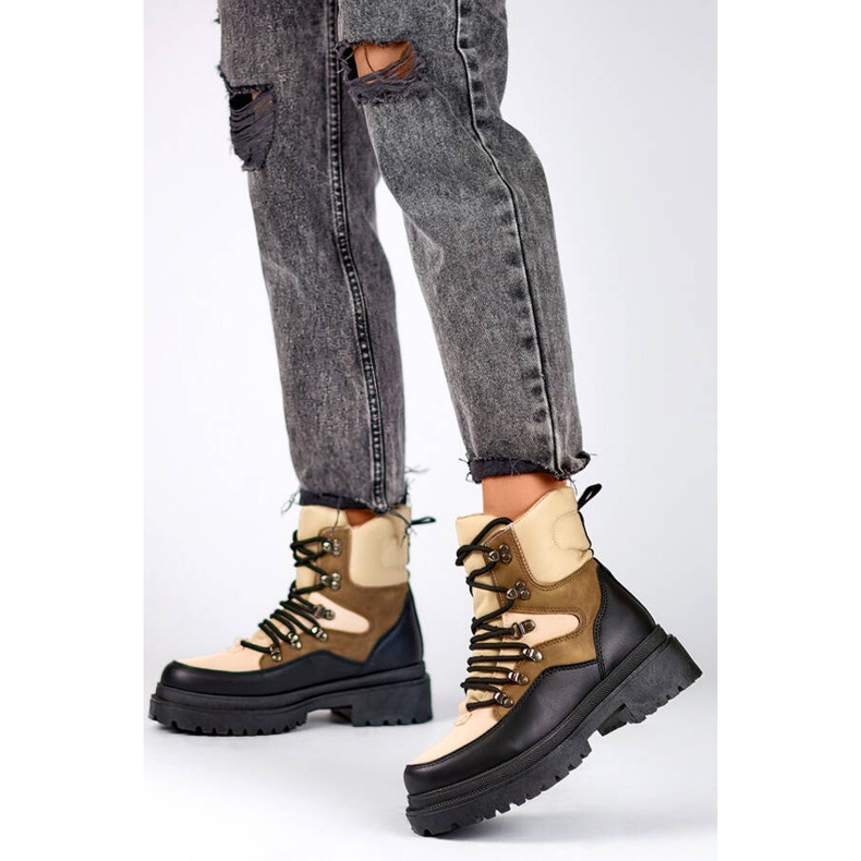 Botine de damă bej și negre cu șireturi A-852KH 2