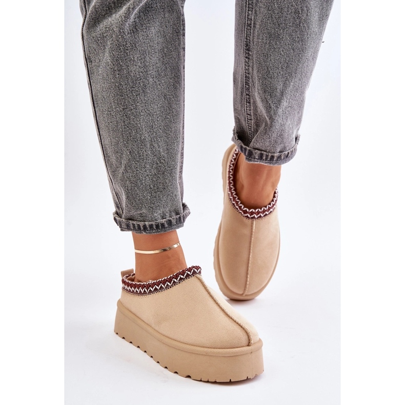 Cizme de zapada joase de dama cu broderie pe platforma bej deschis Narirya 2