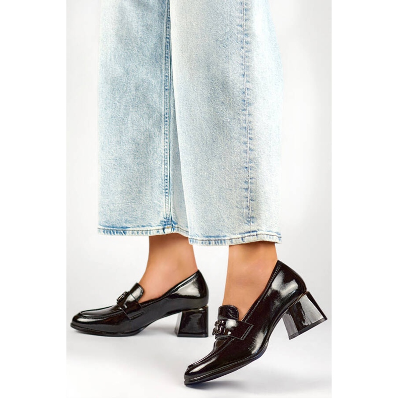 Pantofi de damă cu toc joasă, negru lacuit, GD-FL475B 2