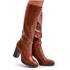 Cizme pentru femei pe postul de piele ecologică din fața cămila genunchiului maro 11