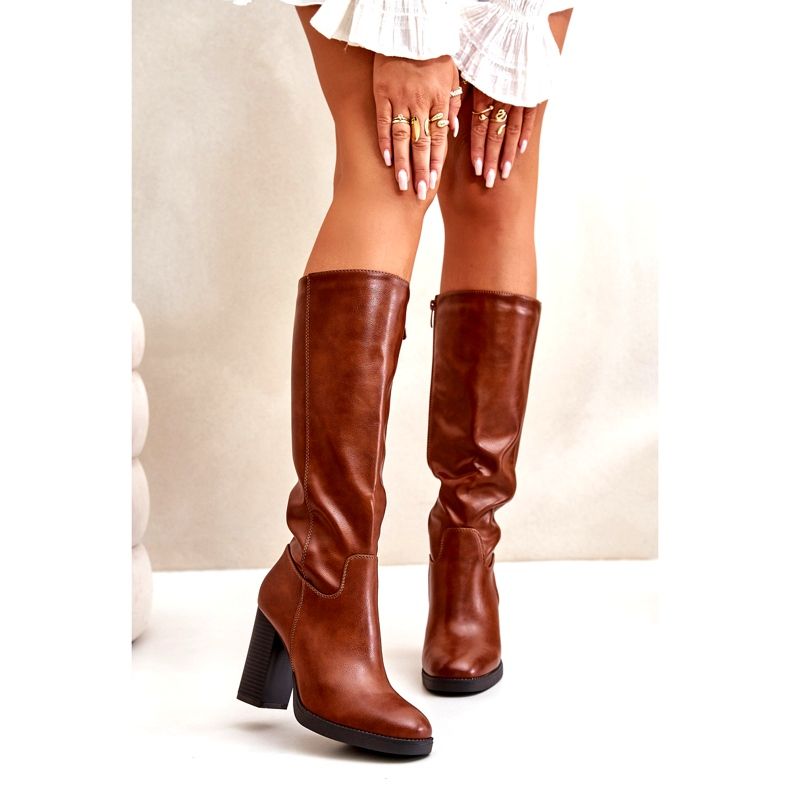 Cizme pentru femei pe postul de piele ecologică din fața cămila genunchiului maro 6